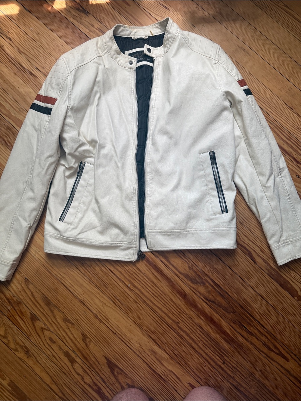 Wilsons Leather White Bomber Jacket with Black and Brown Sleeve Stripes